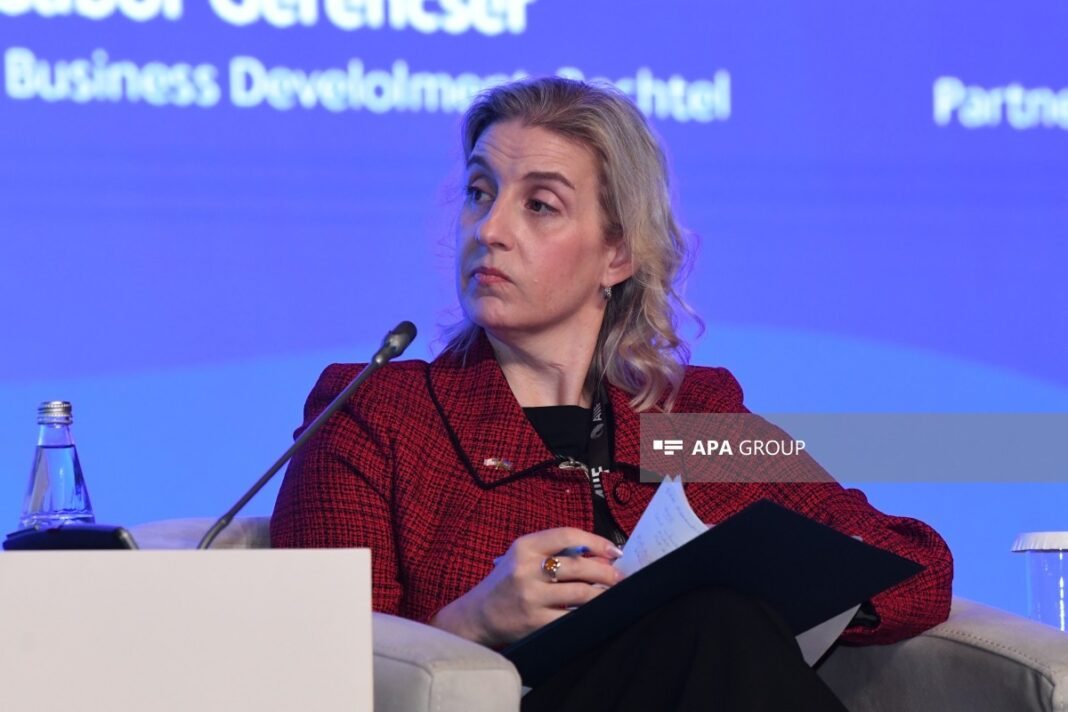 U.S. Chargé d’Affaires Amy Carlon speaks at an investment forum in Baku