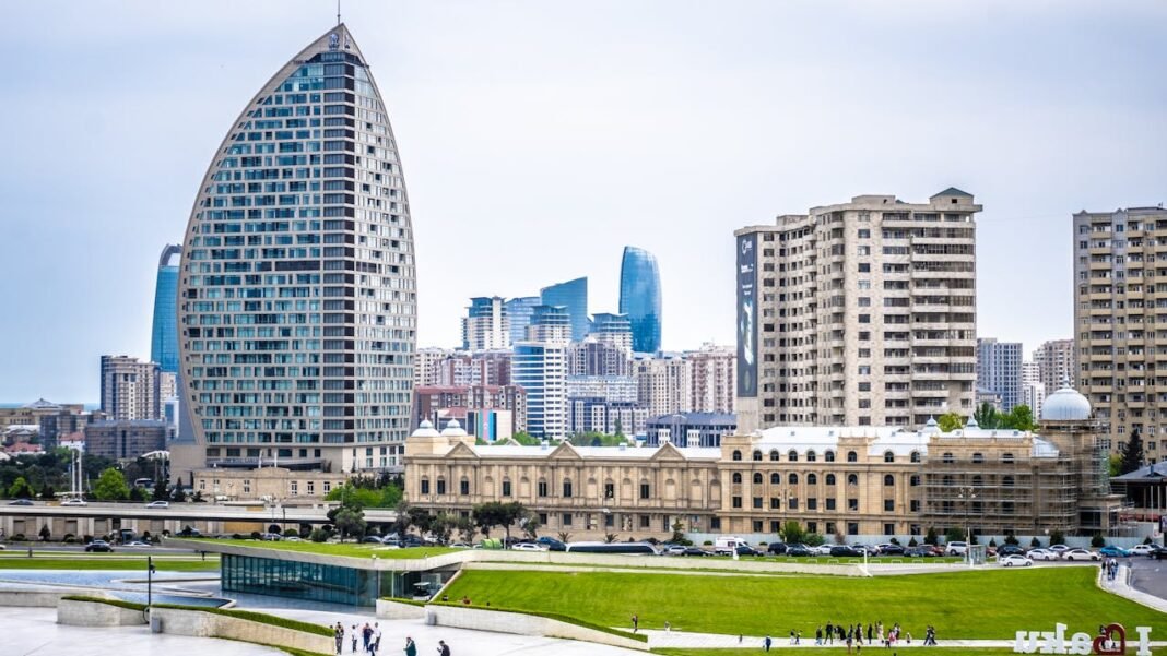Apartment buildings in Baku during the Azerbaijan Grand Prix