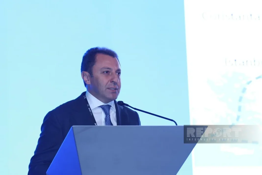 Azerbaijani Deputy Foreign Minister Elnur Mammadov speaks at an investment forum in Baku