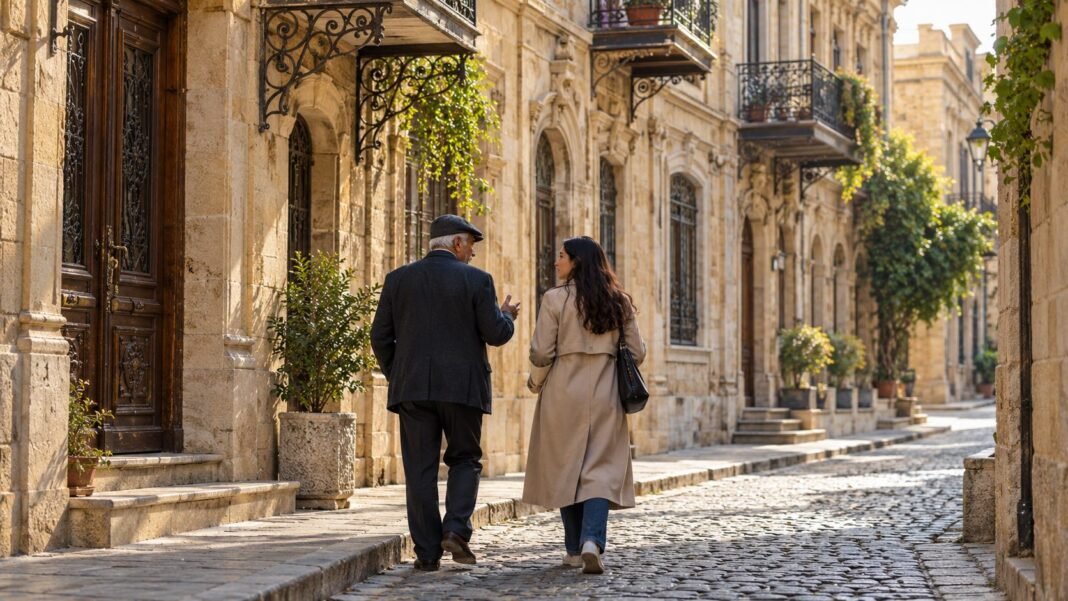An older man and a younger woman walk together along a historic stone street in Baku