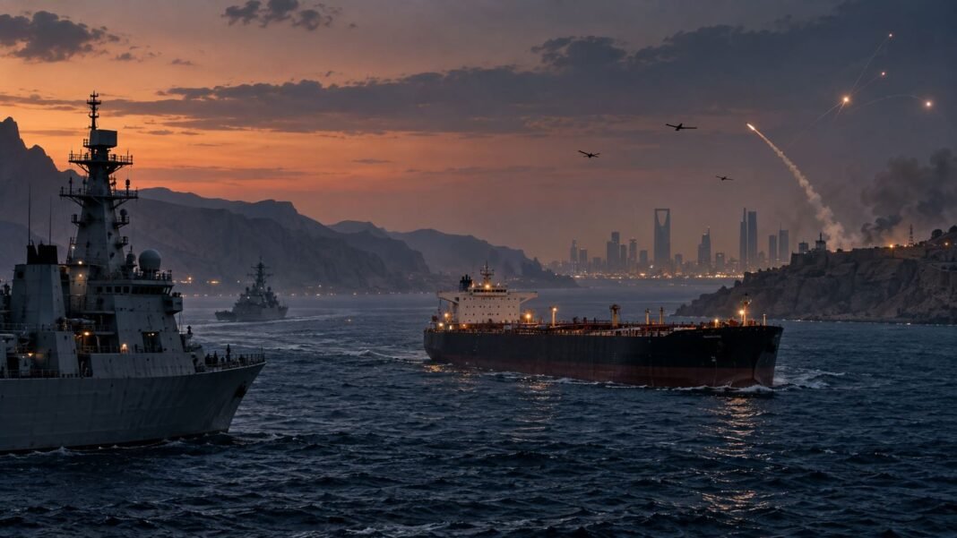 Houthi fighters and missiles amid the conflict affecting Saudi Arabia and Red Sea shipping