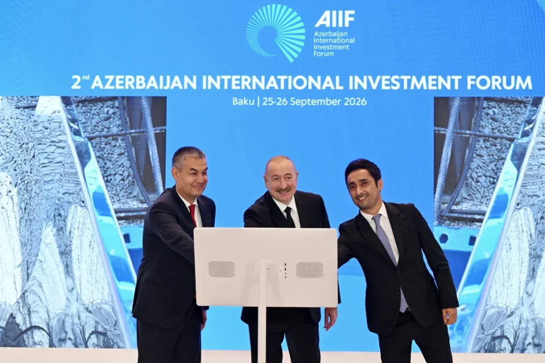 President Ilham Aliyev at the ceremony opening the Minkend hydropower plant and launching a textile project