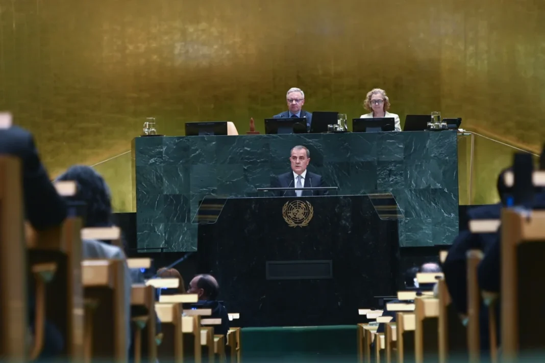 Azerbaijani Foreign Minister Jeyhun Bayramov addresses the United Nations General Assembly