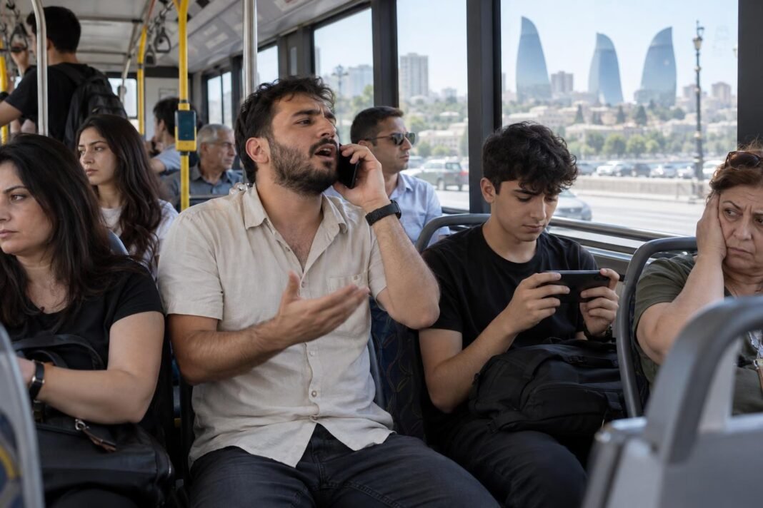 Passengers on a Baku bus disturbed by a loud phone conversation