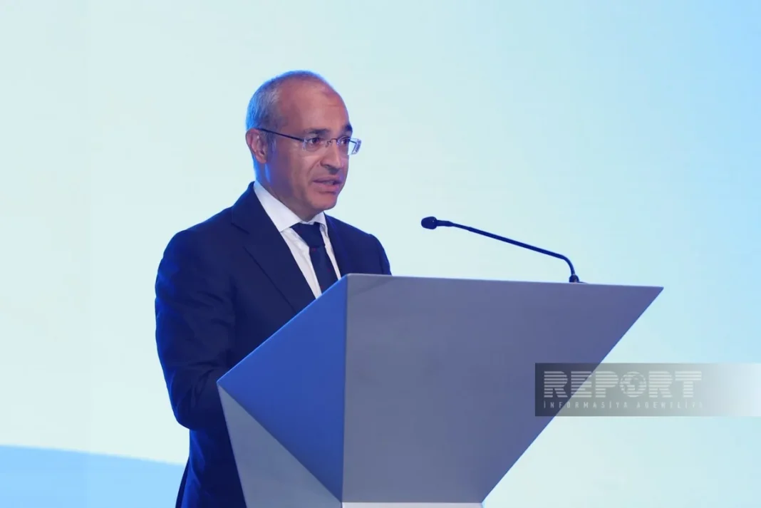 Azerbaijani Economy Minister Mikayil Jabbarov speaks at an investment forum in Baku