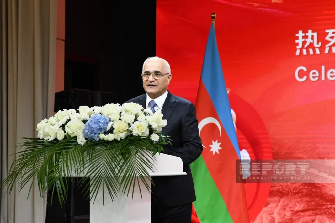 Azerbaijani Deputy Prime Minister Shahin Mustafayev speaks at an event marking the 77th anniversary of the founding of the People’s Republic of China