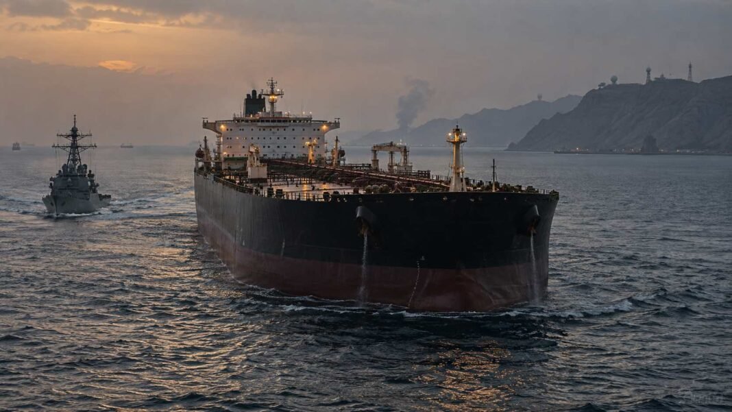 An oil tanker and naval vessel transit the Strait of Hormuz