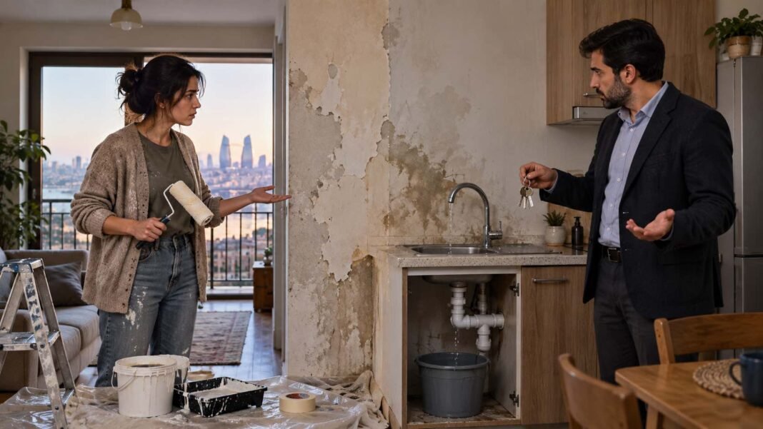 A tenant holding a paint roller discusses water damage and repairs with a landlord in a Baku apartment