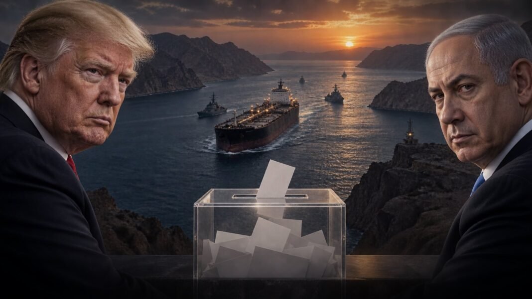 Donald Trump and Benjamin Netanyahu with an oil tanker in the Strait of Hormuz and a ballot box