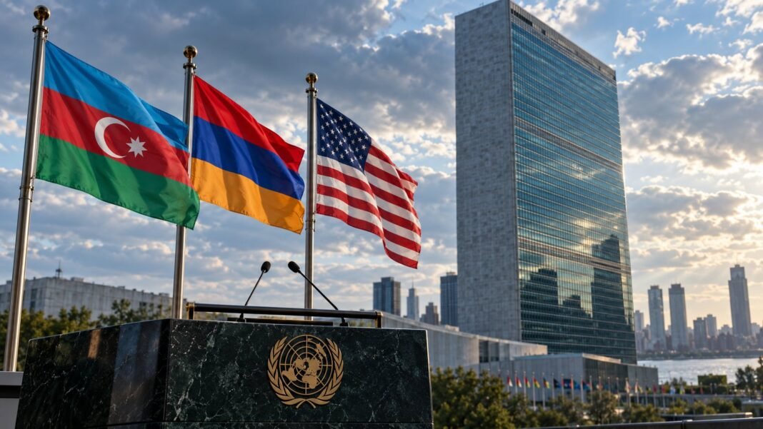 United Nations headquarters with flags representing Azerbaijan’s regional diplomacy