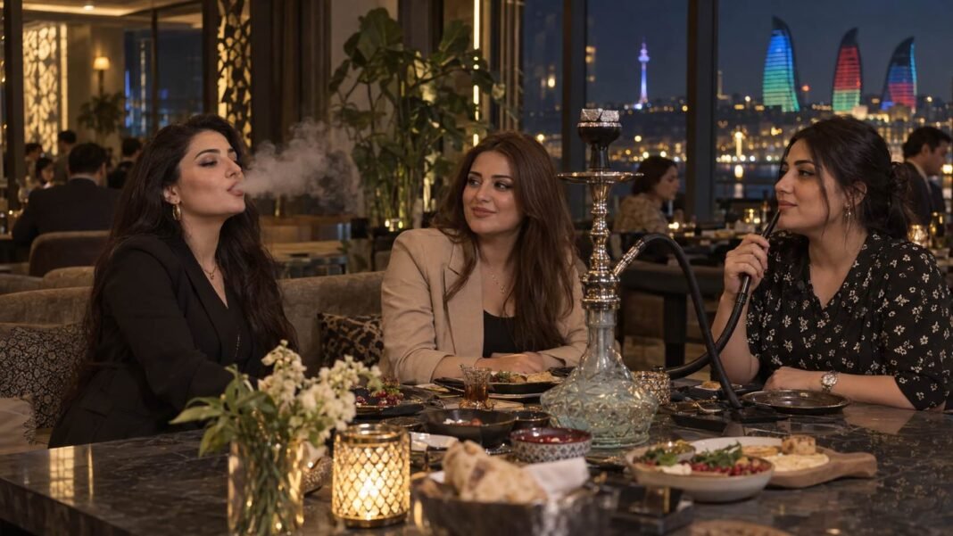 Women smoking hookah in a restaurant in Azerbaijan