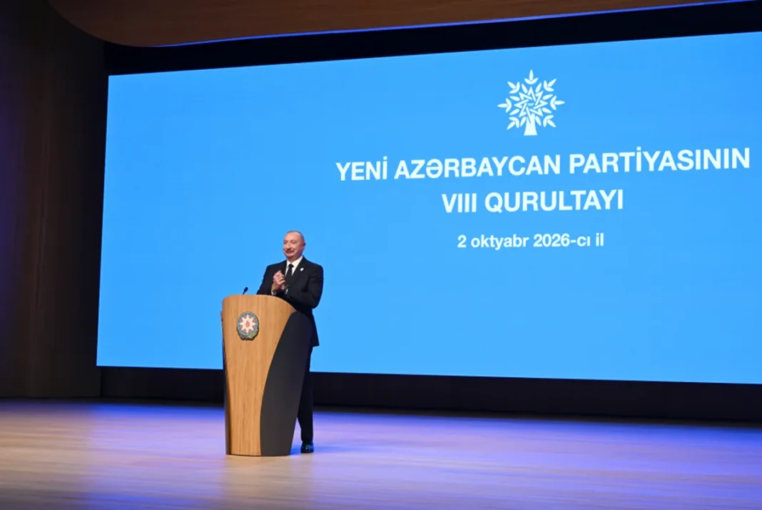 President Ilham Aliyev speaking at the eighth New Azerbaijan Party congress