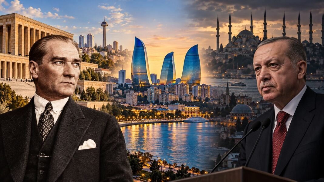 Turkish President Recep Tayyip Erdogan, Mustafa Kemal Ataturk and the Flame Towers in Baku