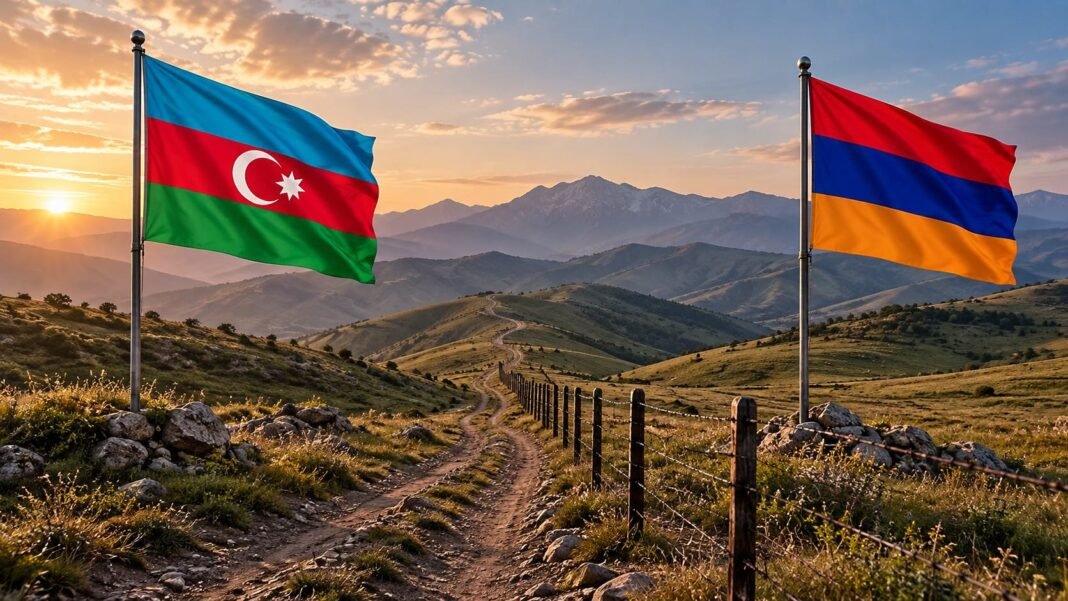 Azerbaijan and Armenia flags at a guarded border crossing