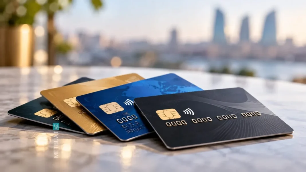 Contactless bank cards with Baku’s Flame Towers in the background