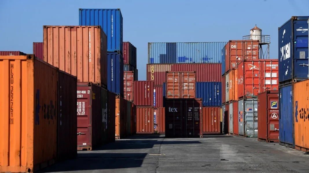 Cargo containers at a freight terminal