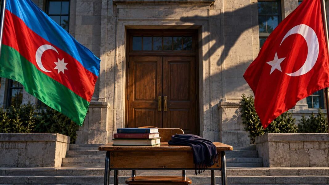 The flags of Azerbaijan and Turkey outside a government building