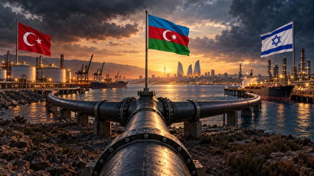 Azerbaijani, Turkish and Israeli flags with an oil pipeline and tanker