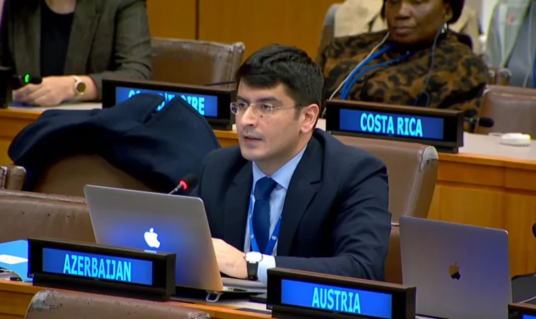 Azerbaijani diplomat Shahriyar Hajiyev speaks at a United Nations committee meeting