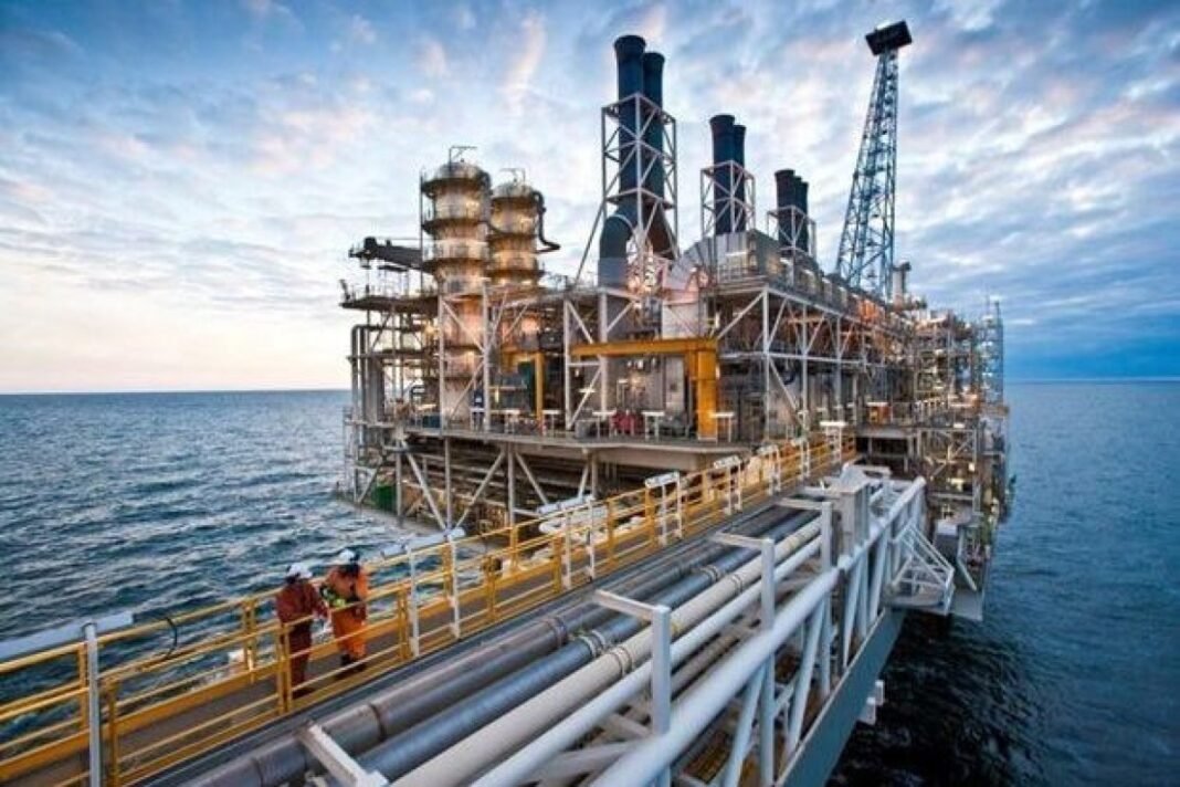An offshore oil platform in the Caspian Sea