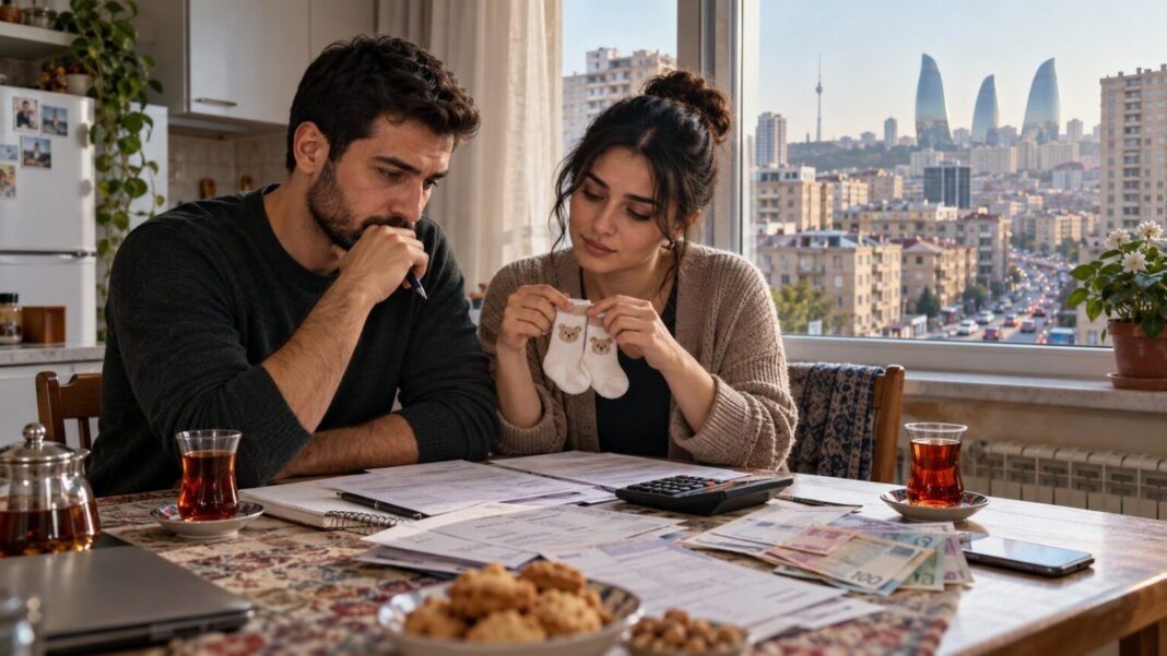 Young couple in Baku reviewing household bills while holding baby socks