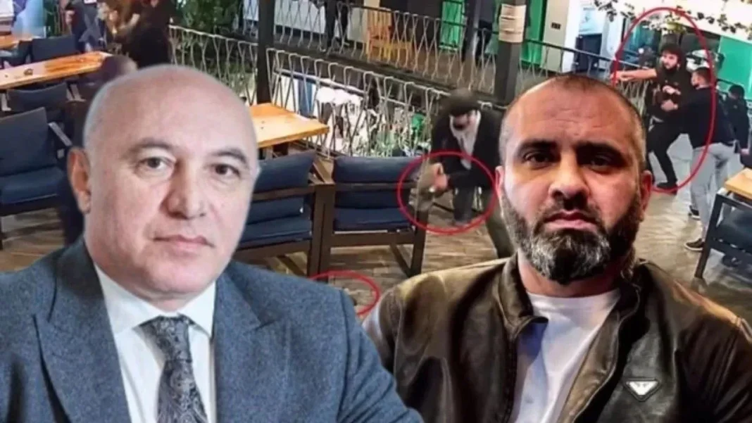 Composite showing two men and restaurant security camera footage from the reported fatal Baku brawl