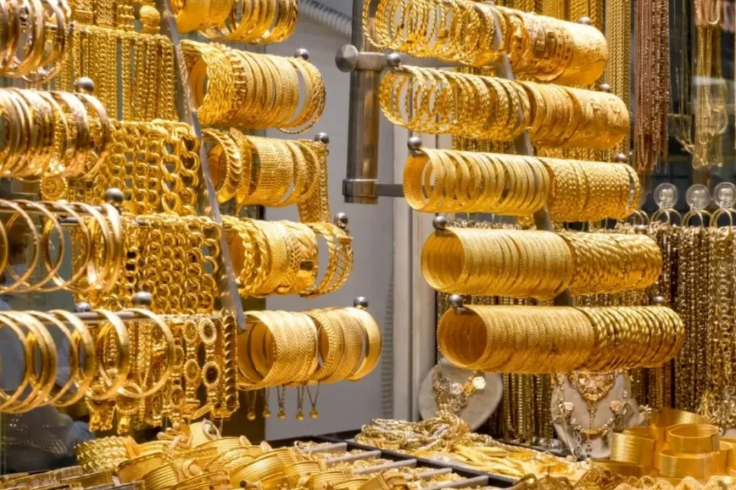 Gold jewelry displayed for sale in Baku