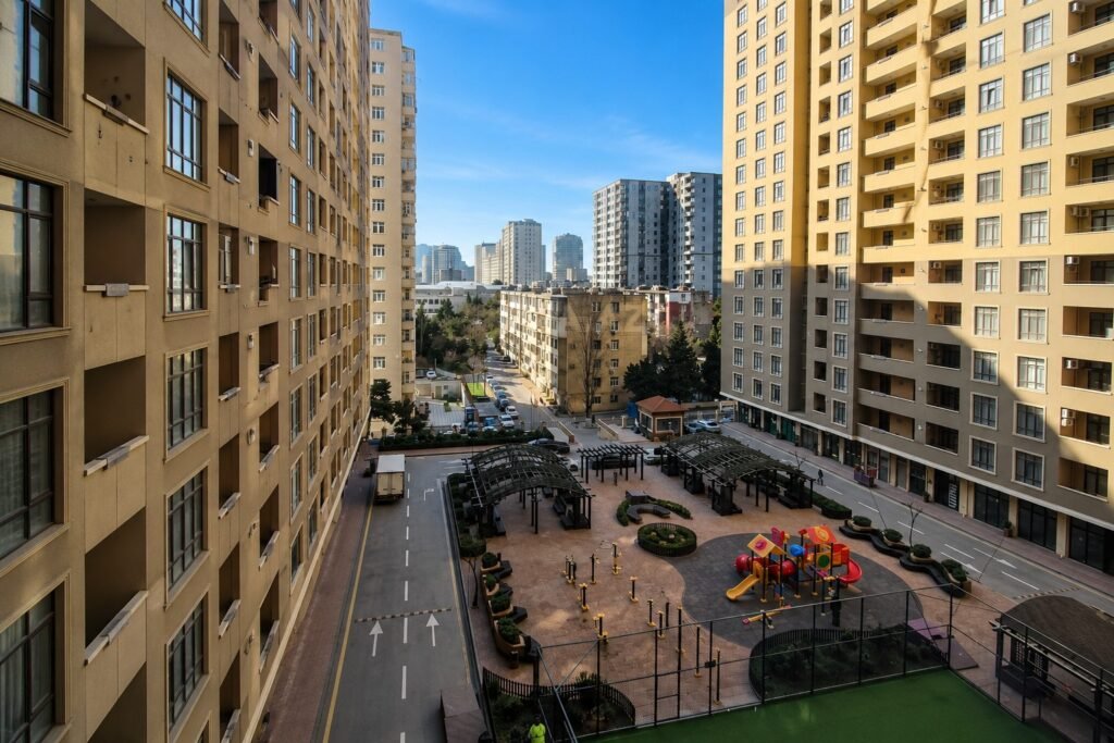 Apartment buildings surrounding a residential courtyard in Baku