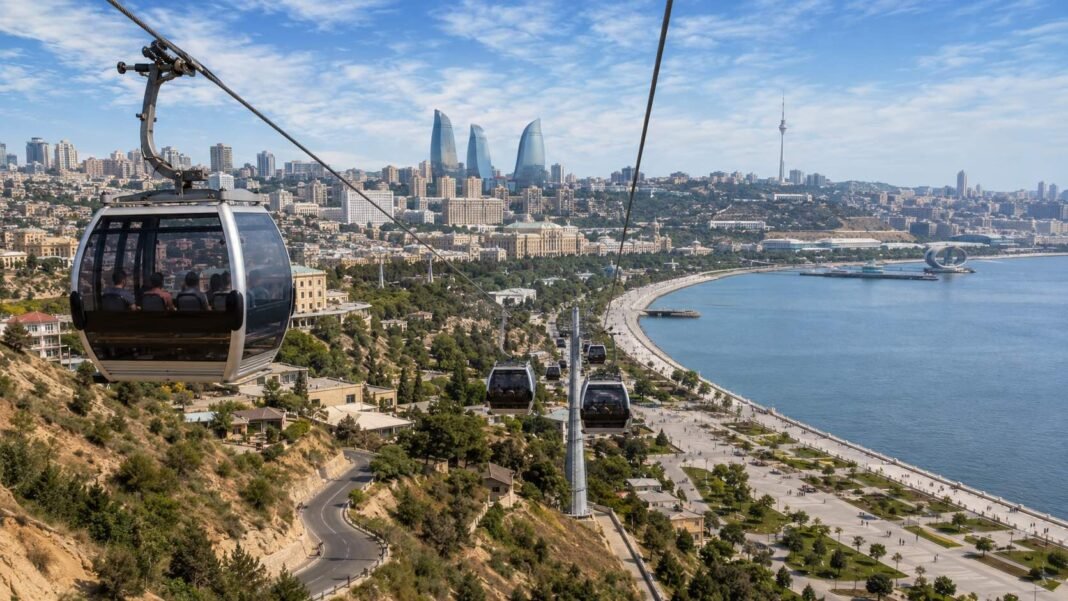 Cable cars shown above Baku's waterfront in an illustrative image
