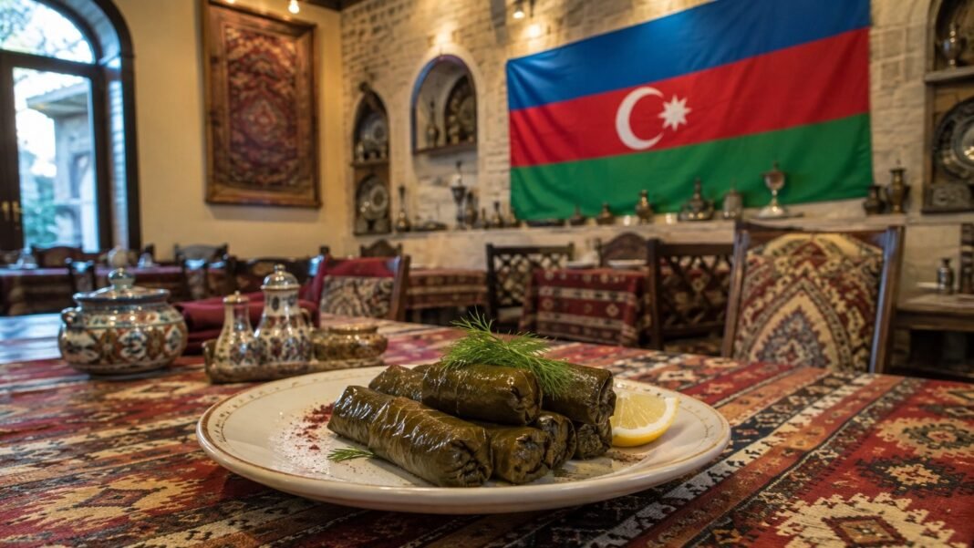 Dolma served at a traditional Azerbaijani restaurant with the national flag in the background