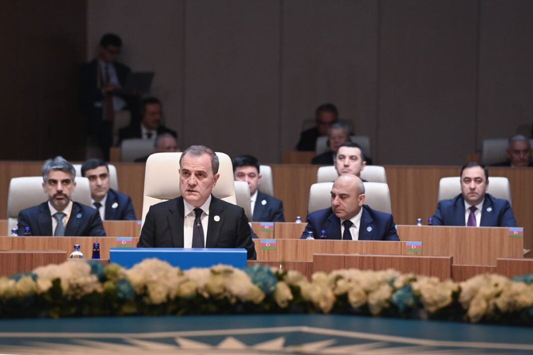 Azerbaijani Foreign Minister Jeyhun Bayramov speaks at the Organization of Turkic States summit in Ankara