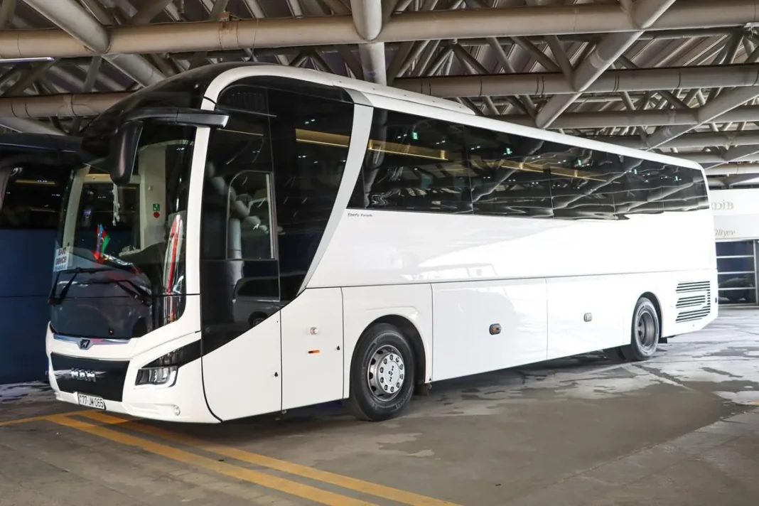 A red bus operating on a route in Azerbaijan