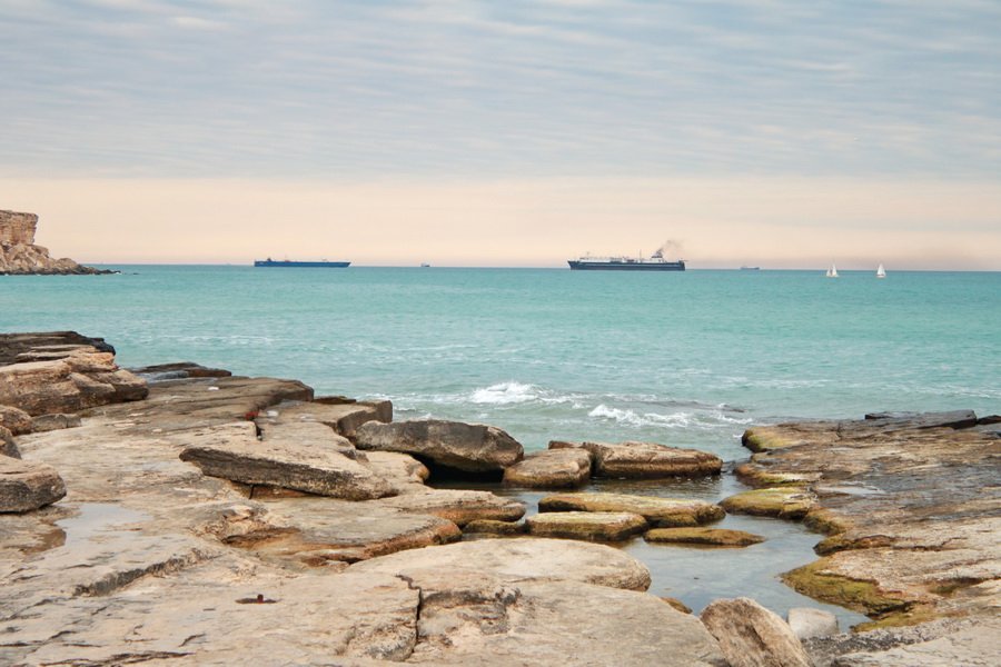 The Caspian Sea and a Baku ferry near Aktau port