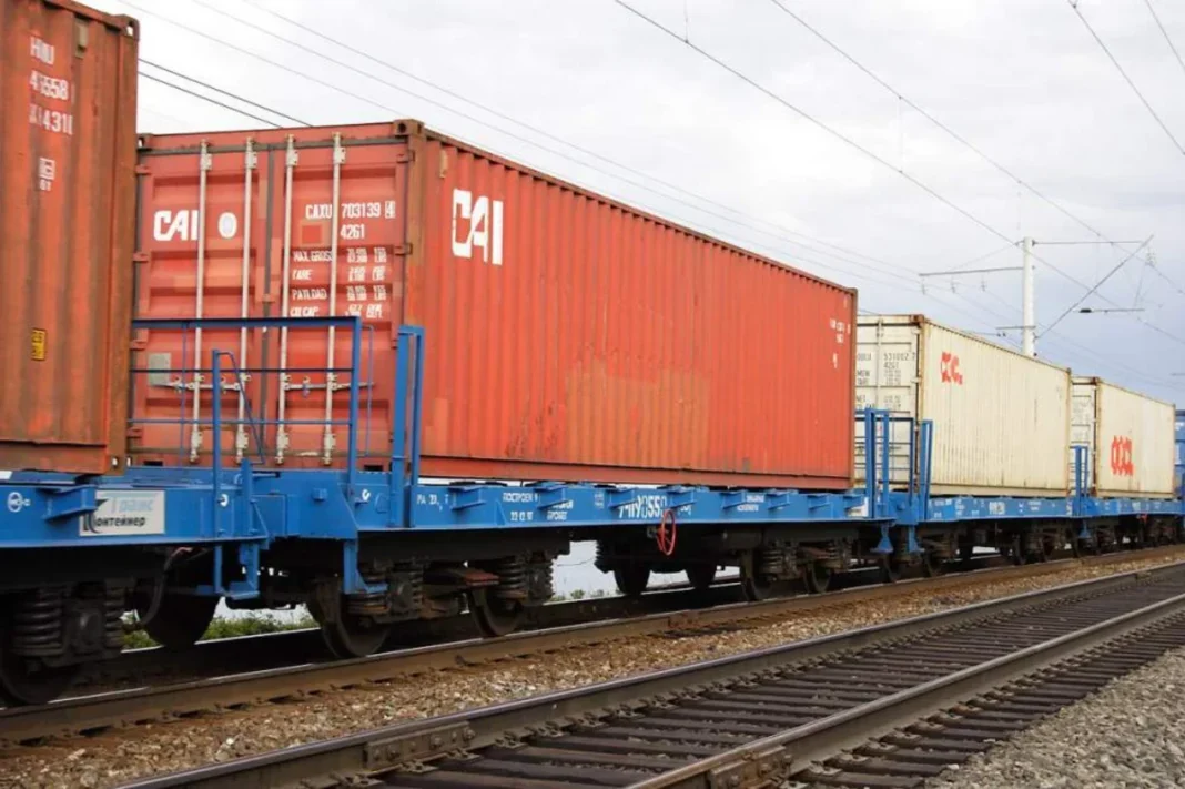 A container train from China travels on Azerbaijan's railway network