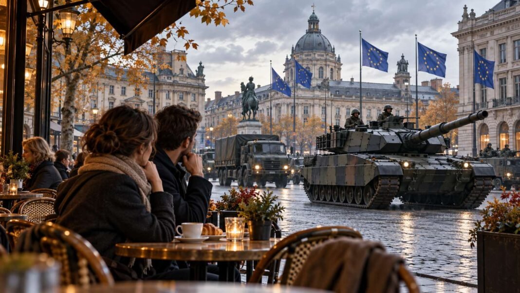 European Union flags and military vehicles in a European city square