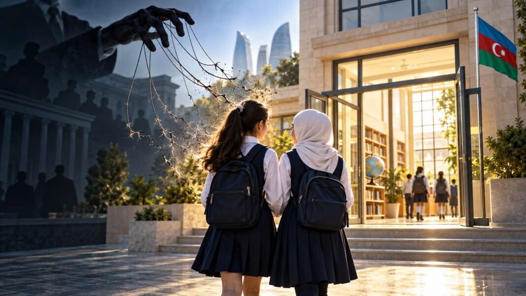 Schoolgirls wearing hijabs against an Azerbaijani flag backdrop