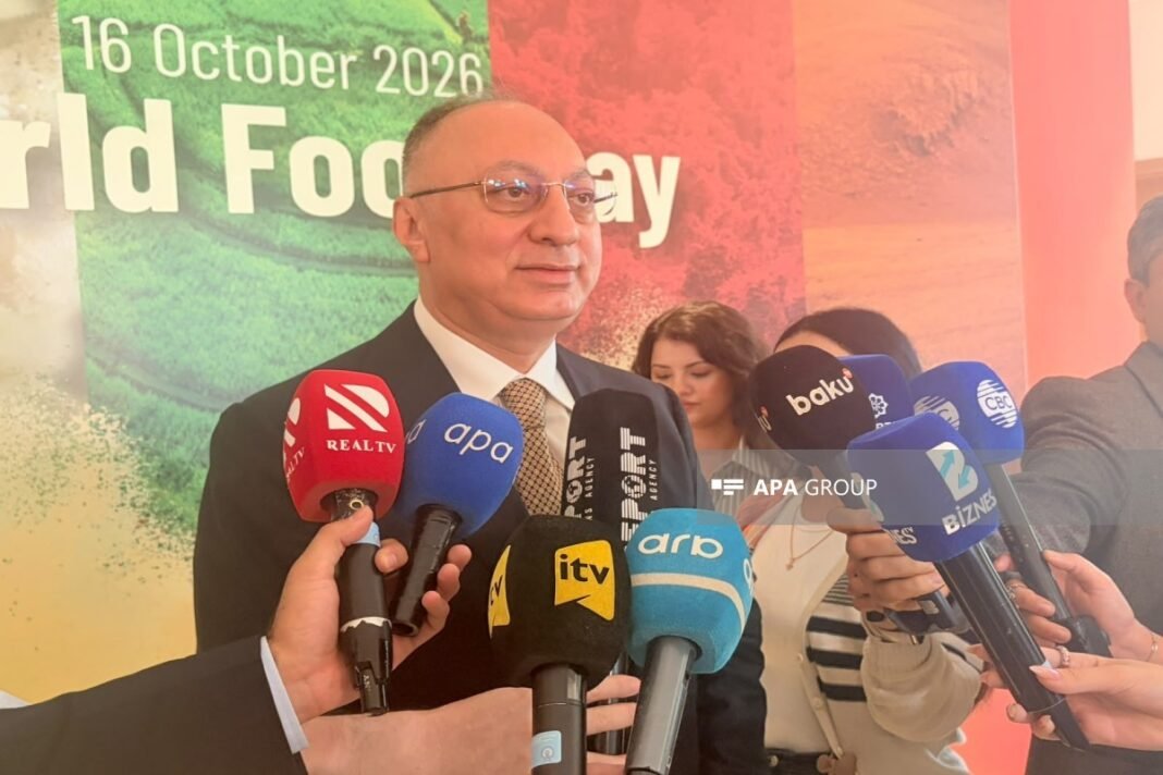Azerbaijan Food Safety Agency Chairman Goshgar Tahmazli speaks to reporters