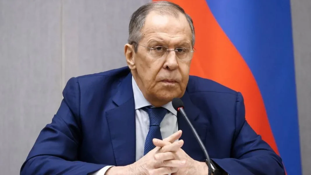 Russian Foreign Minister Sergey Lavrov speaks to reporters in Baku