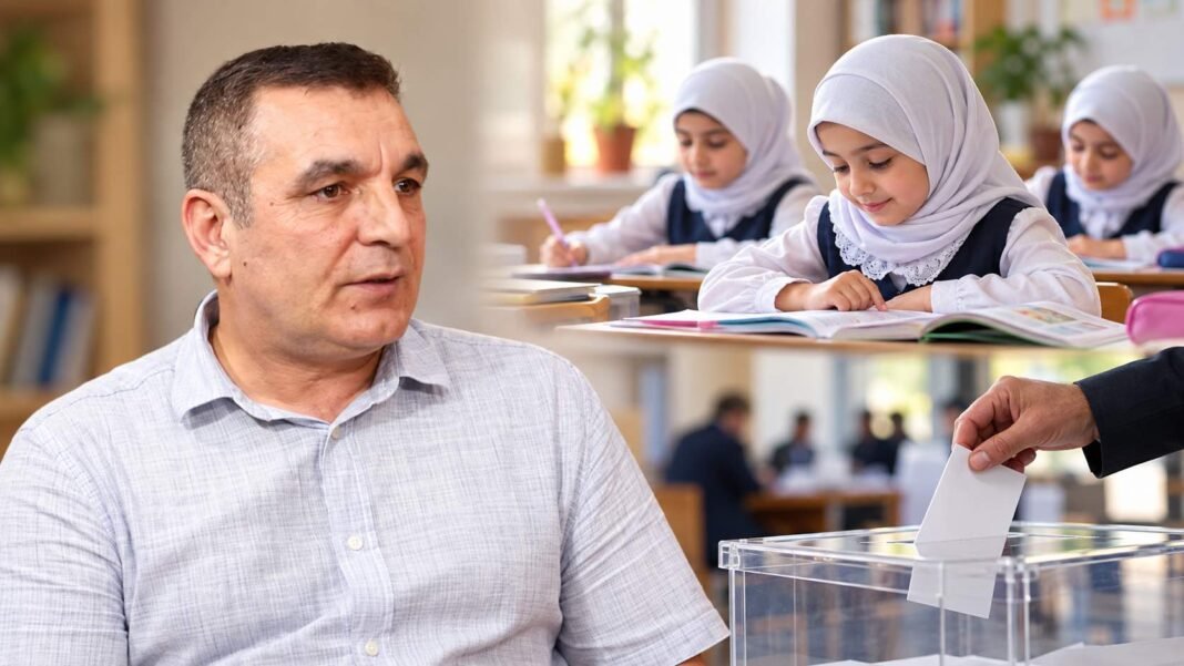 Natig Jafarli with schoolgirls in hijabs and a ballot box
