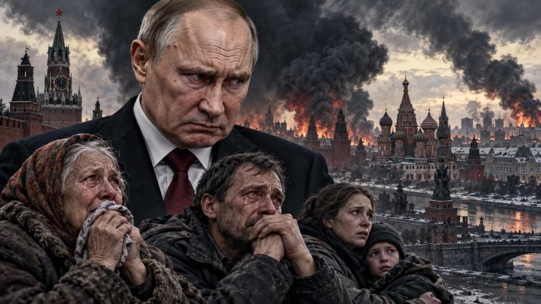 Editorial illustration of Vladimir Putin over grieving civilians and a smoke-filled Moscow
