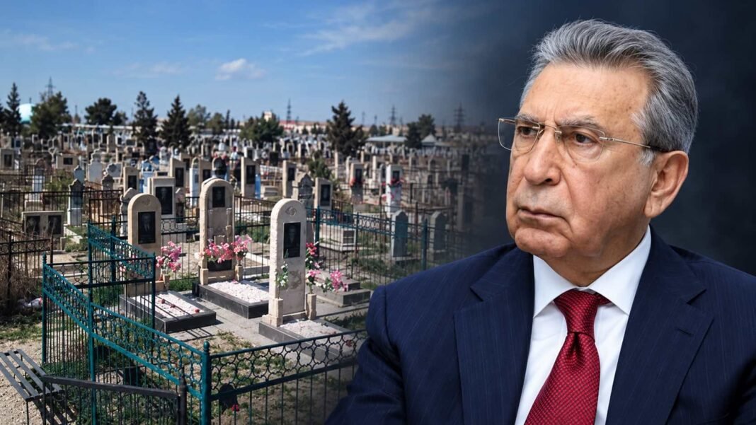 Former presidential administration chief Ramiz Mehdiyev looks toward rows of graves in a composite illustration.