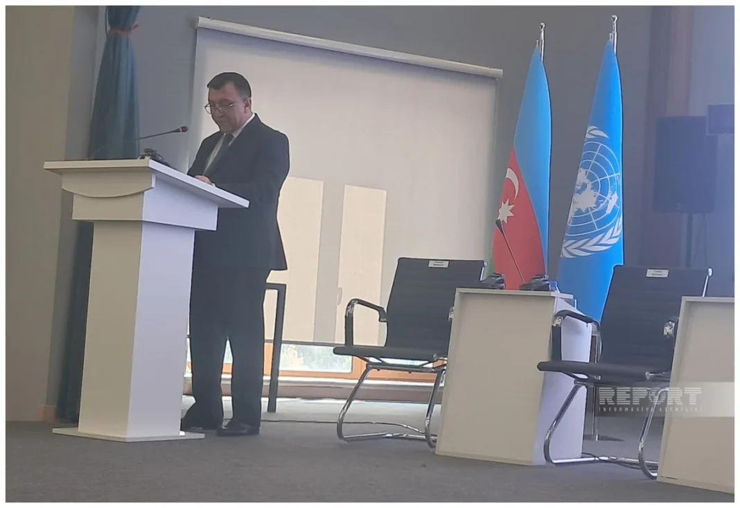 Azerbaijan Deputy Economy Minister Samad Bashirli speaks at a strategic dialogue in Khankendi