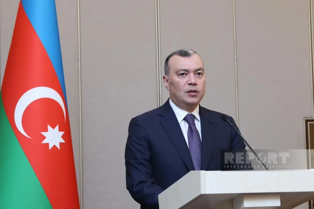Azerbaijani Finance Minister Sahil Babayev at a conference in Baku