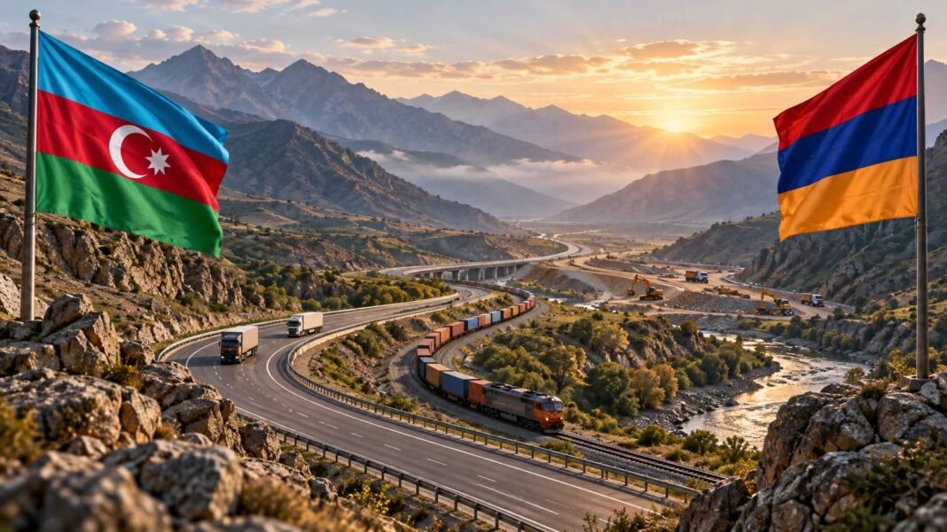 Azerbaijani and Armenian flags overlooking planned road and rail links through the South Caucasus