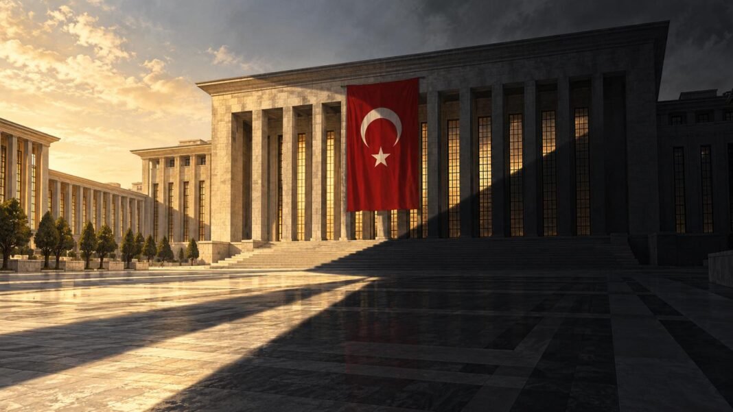 Turkish flag on a government building, illustrating political power and democratic concerns