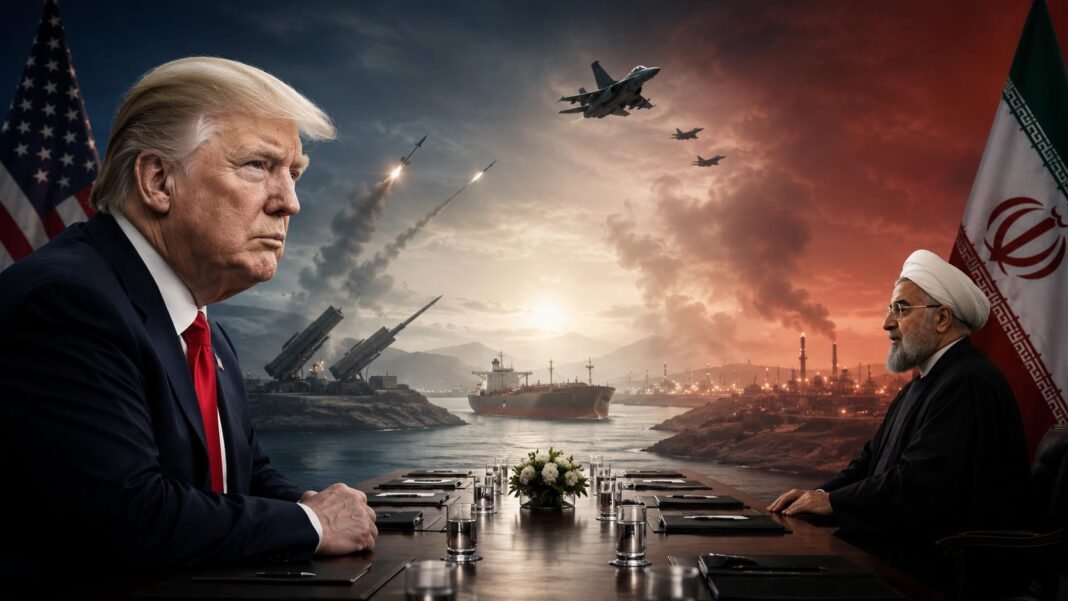 Illustration of U.S.-Iran tensions with American and Iranian flags and military imagery