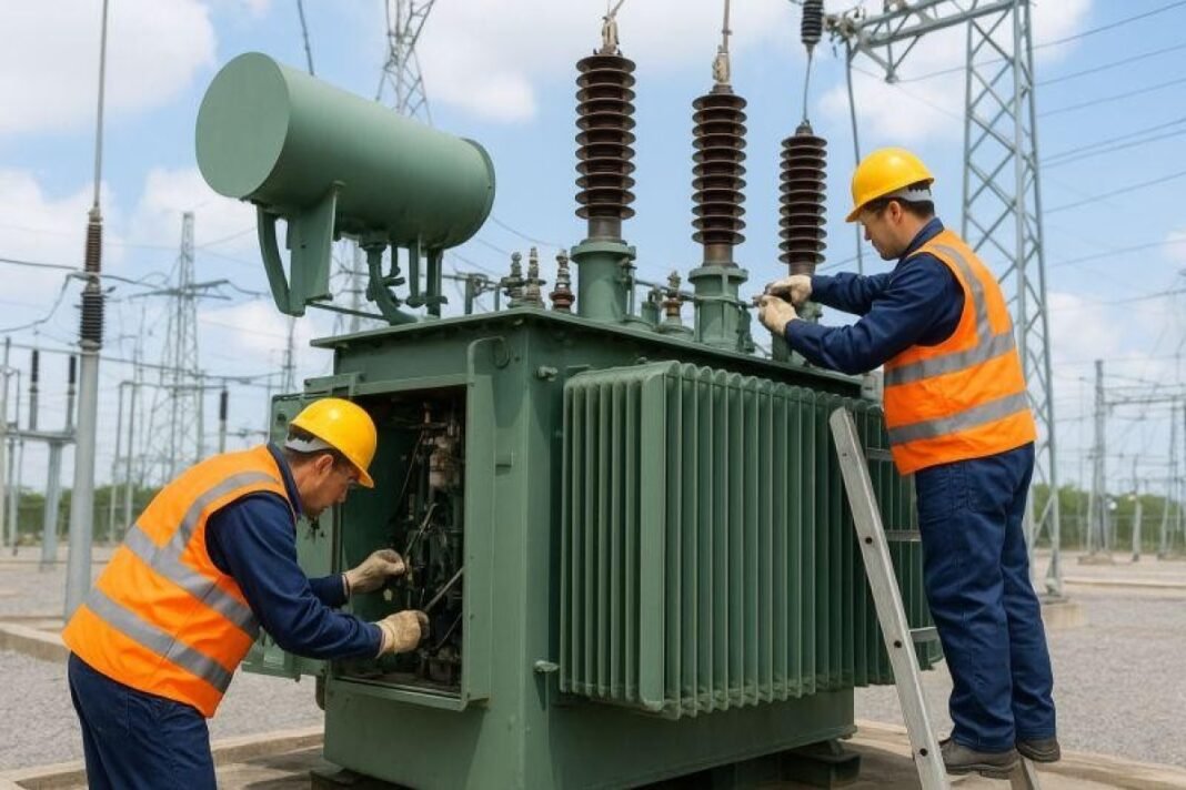 Workers in hard hats repair an electrical transformer. Illustrative image.