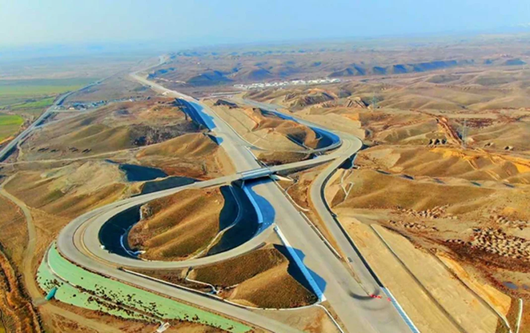 Highway interchange in a mountainous landscape